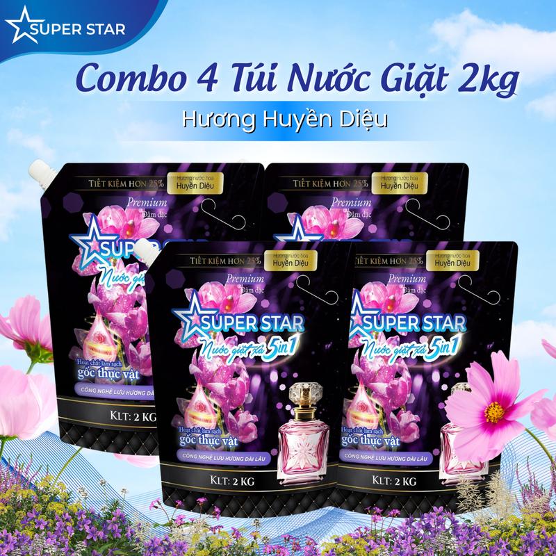 [Combo 4 Túi 8KG ]Túi Nước Giặt Xả Cao Cấp 5in1 Super Star - 2kg - Làm Sạch Và Lưu Hương Quần Áo