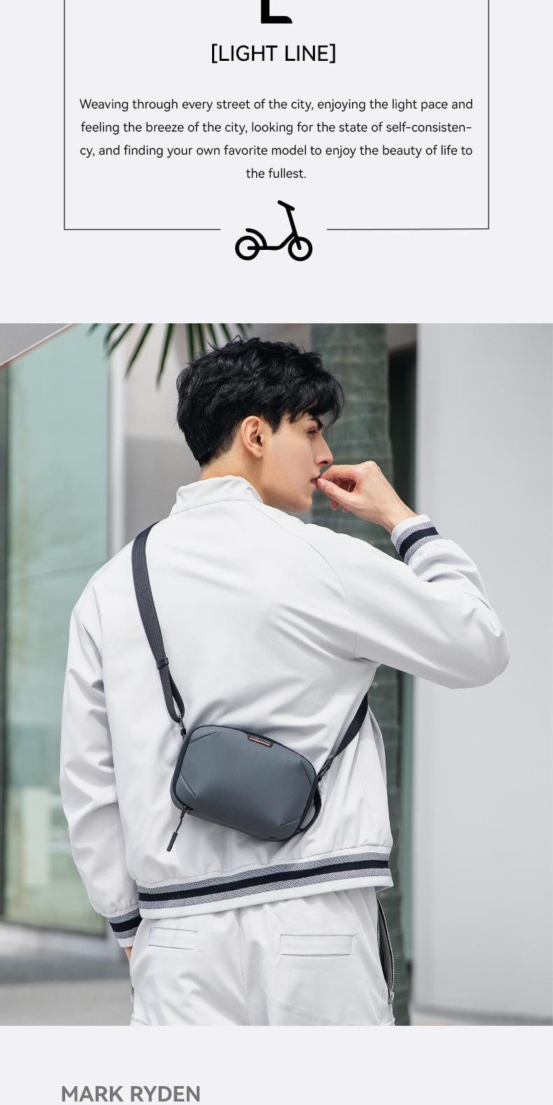 Product Introduction of MARK RYDEN single-shoulder crossbody bag, travel storage bag, detachable shoulder strap, chest bag, small backpack for outdoor cycling, fashionable and casual, individual and simple, water-repellent fabric, festival gift 1