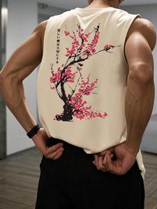 Camiseta deportiva casual para hombre, tejido de punto ligero y transpirable, con texto japonés y patrón de árbol, cuello redondo sin mangas, ideal para gimnasio y uso recreativo