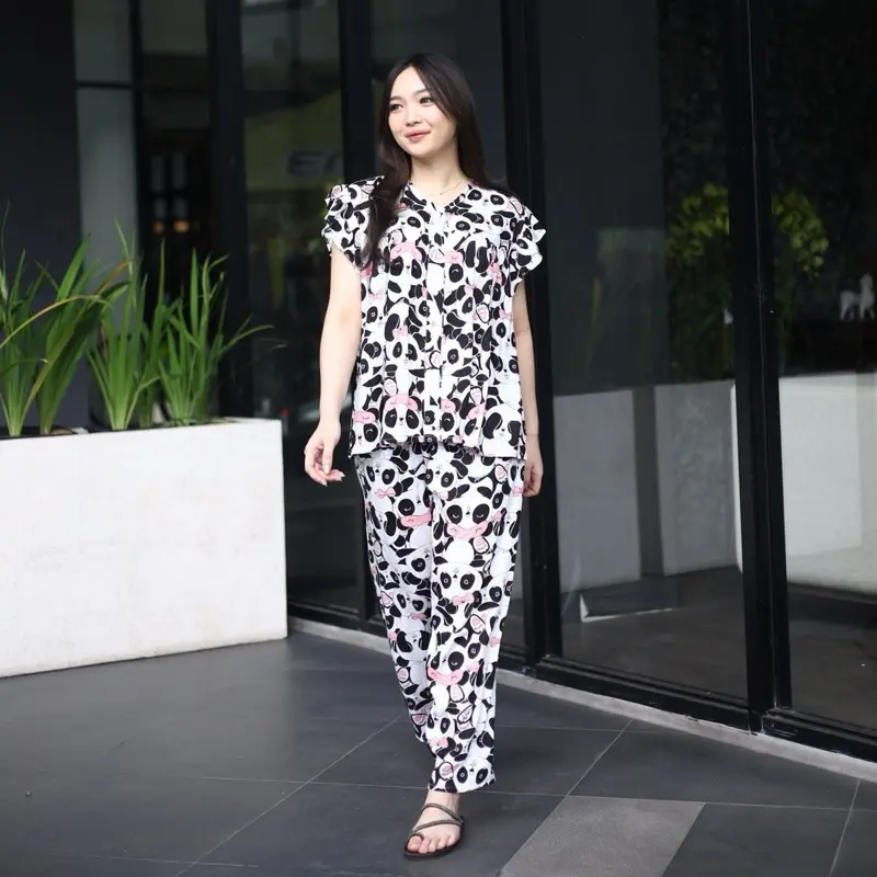 [DasterHitsMalang] One Set Aura Celana Panjang Lengan Rempel Lengan panjang Kancing Katun Rayon Baju Karet Wanita Setelan Pendek Motif Atasan Piyama 6