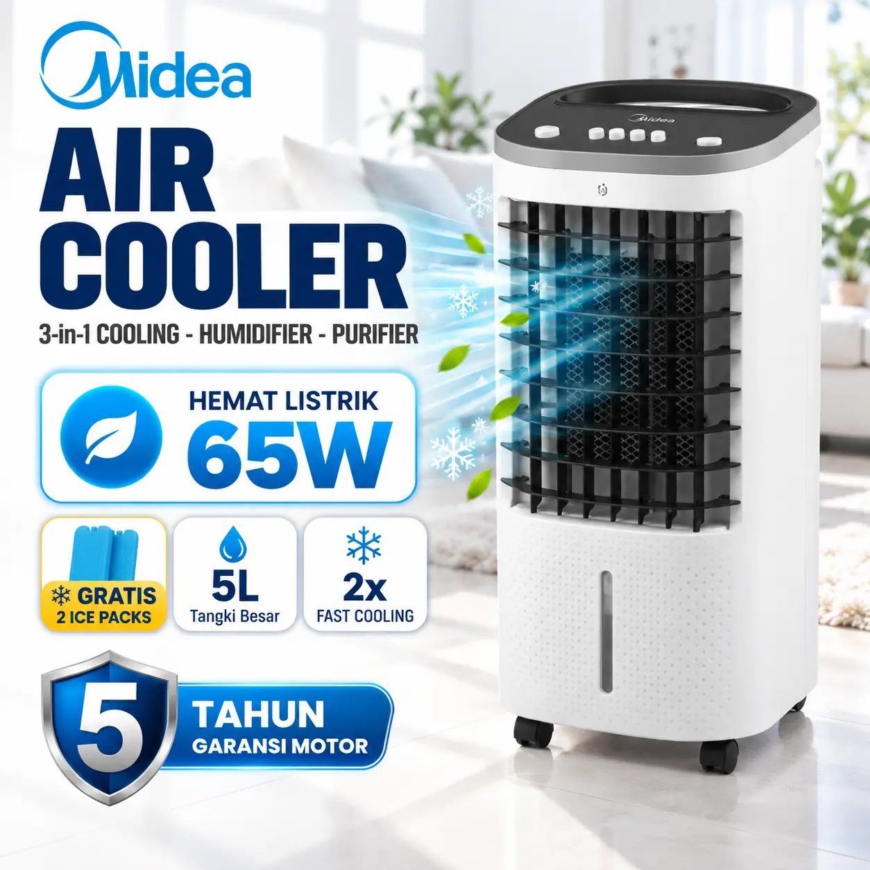 Midea Air Cooler 5 Liter AC100-25B 65W Low Watt 3 Kecepatan Swing Otomatis Design Portable