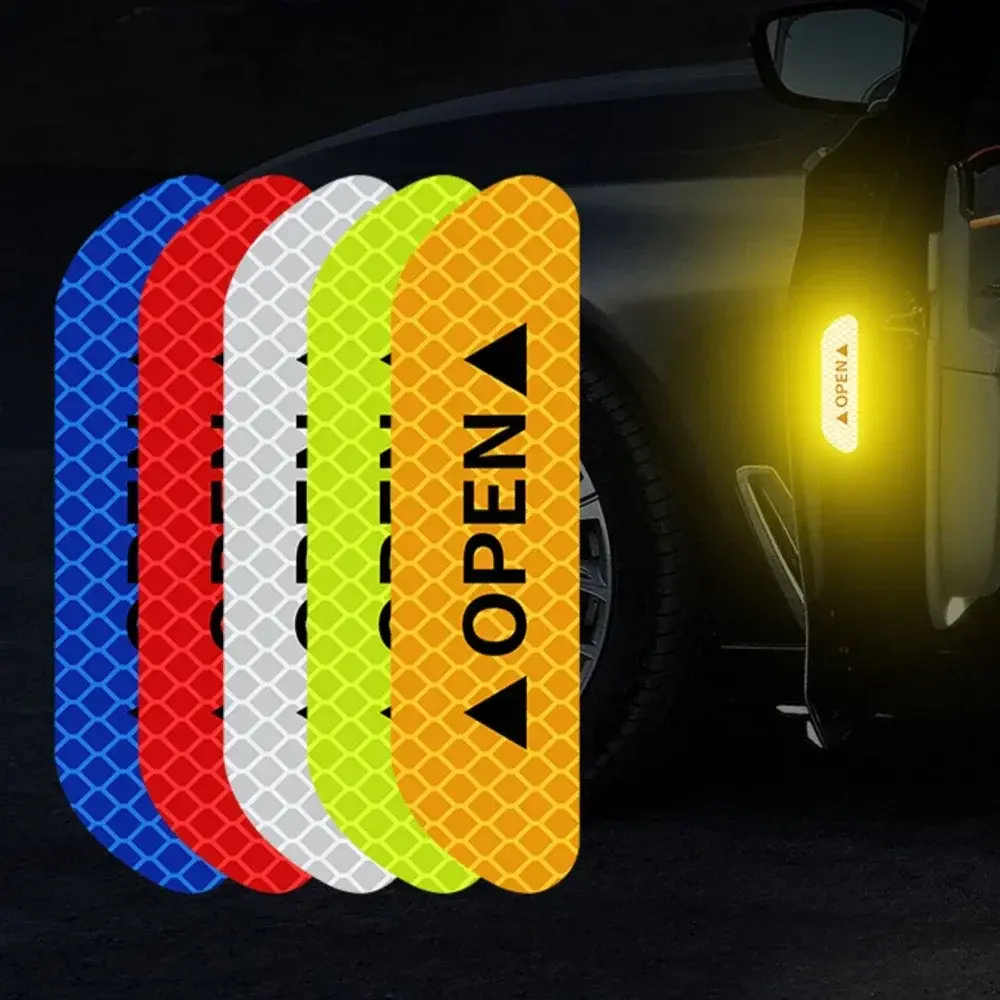 4pcs Car door reflective safety warning reflective film anti-collision scratch wheel eyebrow decoration modification creative scratch cover decal, auto parts, outdoor stickers