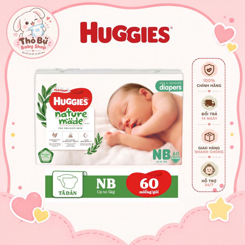3 Bịch Tã/Bỉm Huggies Nature Made Size NB 60 Miếng sợi thiên nhiên, siêu thấm hút cho bé
