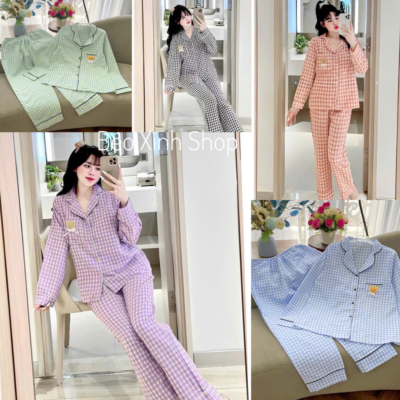 Đồ Bộ - Đồ Ngủ Tay Dài Quần Dài Vải Xốp Caro Gấu Pijama Bigsize 50-100kg Bộ Ngủ Nữ Áo Ngủ Women Quần Ngủ - A.5638