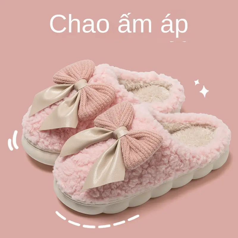 Dép Bông, Dành Cho Nữ, Mùa Thu Và Mùa Đông, Đế Dày Và Mềm, Thiết Kế Nơ Dễ Thương, Giữ Nhiệt, Thích Hợp Sử Dụng Trong Nhà