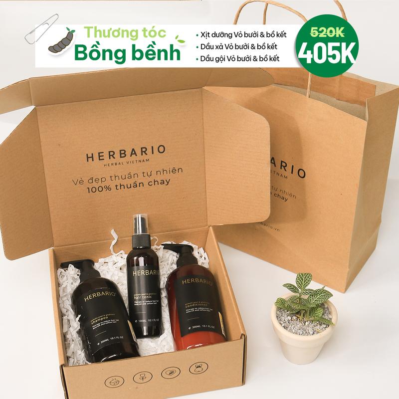   SET QUÀ THƯƠNG TÓC BỒNG BỀNH  Bộ đôi Dầu gội vỏ bưởi bồ kết Herbario 300ml & Dầu xả vỏ bưởi bồ kết Herbario 300ml TẶNG Nước xịt dưỡng tóc Herbario 100ml 