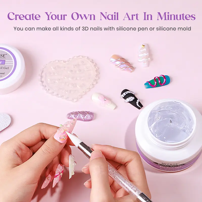 MIZHSE 60g Builder Nail Gels Nail Kit Clear Non-Stick Hand Nail Extension Gel with Nail Pen, Silicone Forms, 36 Nail Tips for Beginners & Salon Professionals Soak off UV/LED 6
