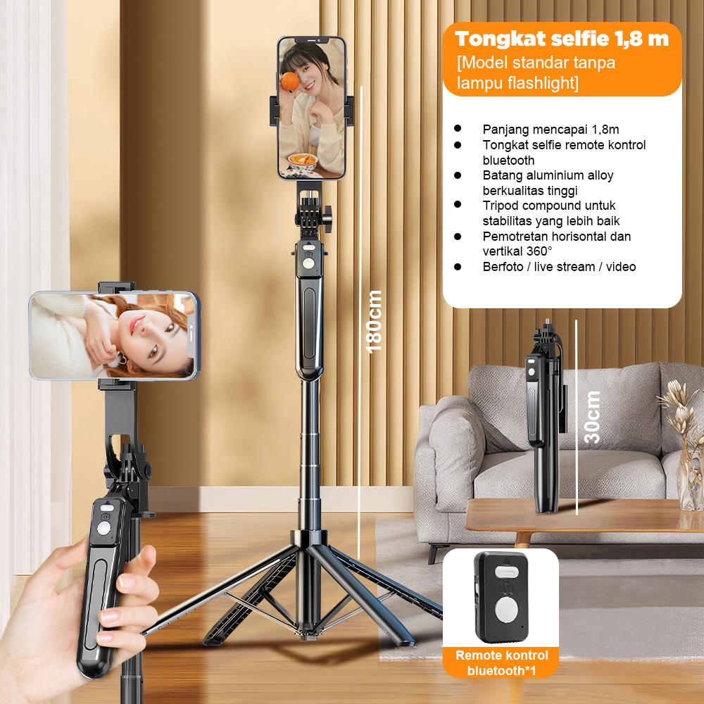 NEXID A17 4in1 Tongsis Tripod Bluetooth 1.8m dengan 4 Kaki Stainless Steel Fill Light & Remote Control 10M Cocok untuk Handphone Kamera S30