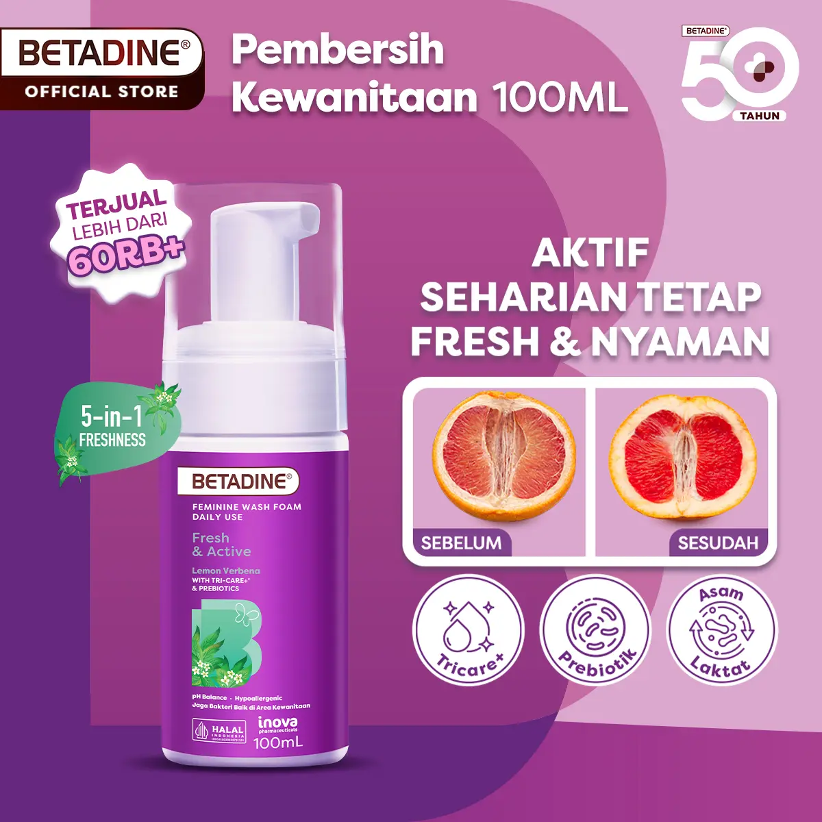 BETADINE FOAM FRESH AND ACTIVE Sabun Pembersih Kewanitaan 100ml - Feminine Wash dengan Prebiotik & Ekstrak Lemon Verbena – Sensasi Dingin Menyegarkan, Menjaga pH Seimbang, Mengontrol Bau, Cocok untuk Perawatan Kulit Harian