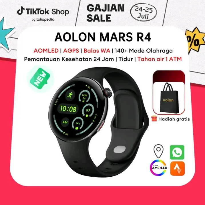Aolon Mars R4 Jam Tangan Smartwatch dengan AOMLED AGPS Balas WA 140+ Mode Olahraga Pemantauan Kesehatan 24 Jam Tidur Tahan Air ATM Hadiah Gratis