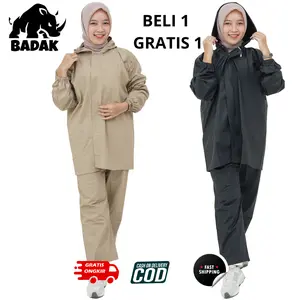 [Paket Hemat] Jas Hujan Setelan Badak Dewasa Pria Wanita Anti Air Hitam Cream - Double Protection Pvc Bayar 1 Dapat 2 warna lain couple hoodie kuat polos Pink