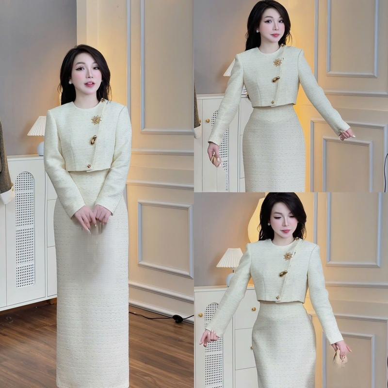 HÀNG CÓ SẴN Dạ A53 áo và chân váy áo dạ tay dài phối chân váy dạ dài có ép mùng dày dặn