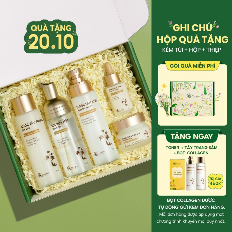 [COMBO TẶNG 2 QUÀ MIỄN PHÍ] Combo Chăm Sóc Da Giúp Ngừa Lão Hoá Da Nước Tẩy Trang Sữa Rửa Mặt Toner Serum Kem Dưỡng Kem Chống Nắng Sâm 1700 Cỏ Mềm