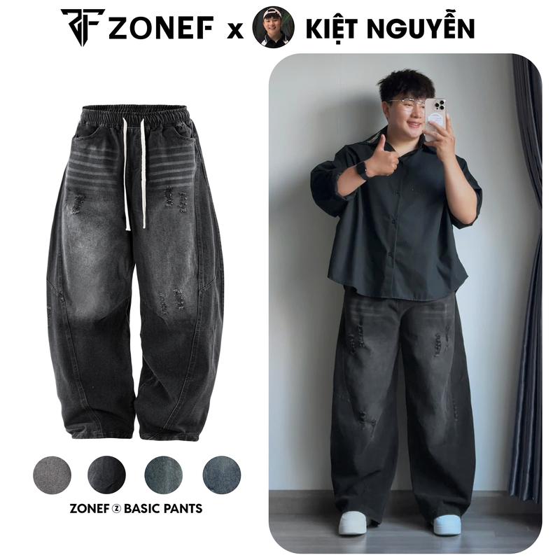   ZONEF x KIỆT NGUYỄN  Quần Jean Ống Cong Form Rộng RETRO Cạp Chun Dây Rút By Zonef Studio Jean Wash Ống Rộng Unisex Phong Cách Streetwear 