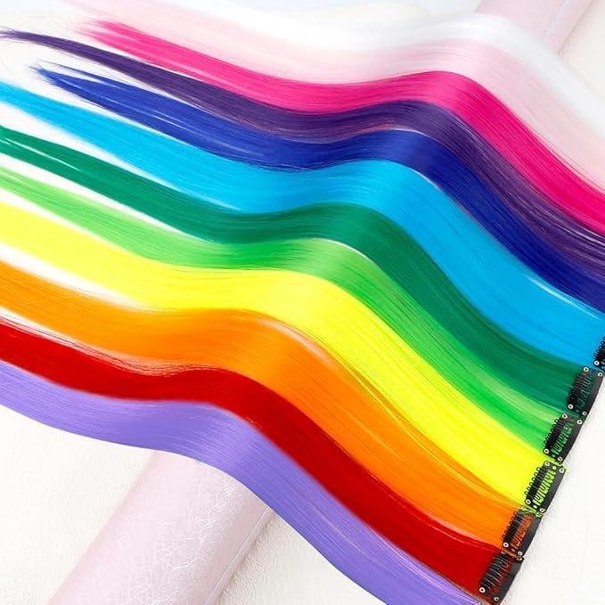 Coloured Hair Extensions,12 Pcs Rainbow Hair Extensions,Colored Clip In Hair Extension,Colorful Party Highlights Hair Synthetic Hairpieces,20 Inch Colorful Long Straight Hair Wig 5