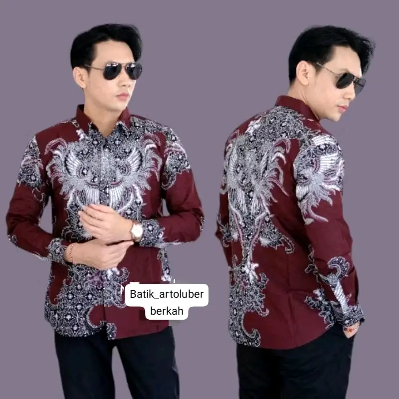 Kemeja Batik Pria Lengan Panjang Modern Model Casual-Batik Pria Keren Lembut Nyaman Baju Atasan Motif Printing Seragam Kantor Katun Merah 0