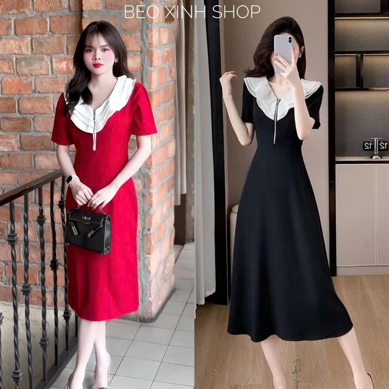 Váy Dự Tiệc Tay Ngắn Phối Cổ Bèo Sang Trọng Vải Cotton Lạnh Cao Cấp Thanh Lịch Bigsize Từ 40 - 90Kg Thời Trang Nữ Béo Xinh Shop - A.1562