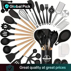 Food Grade Silicone Cookware Set, 43pcs Non-stick Wooden Handle Kitchenware with Storage Bucket, High Temperature Resistant and Easy To Clean Spatula & Spoon Utensils Set for Kitchen Cooking, Heat Resistant Spatula, Dishwasher Safe, Sturdy