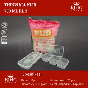 Thinwall Klir 750ml Rectangle Long RL3 | Kotak makan Plastik 750 ml KLIR RECTANGLE LONG @25set nasi 3 sekat Kitchenware Wadah