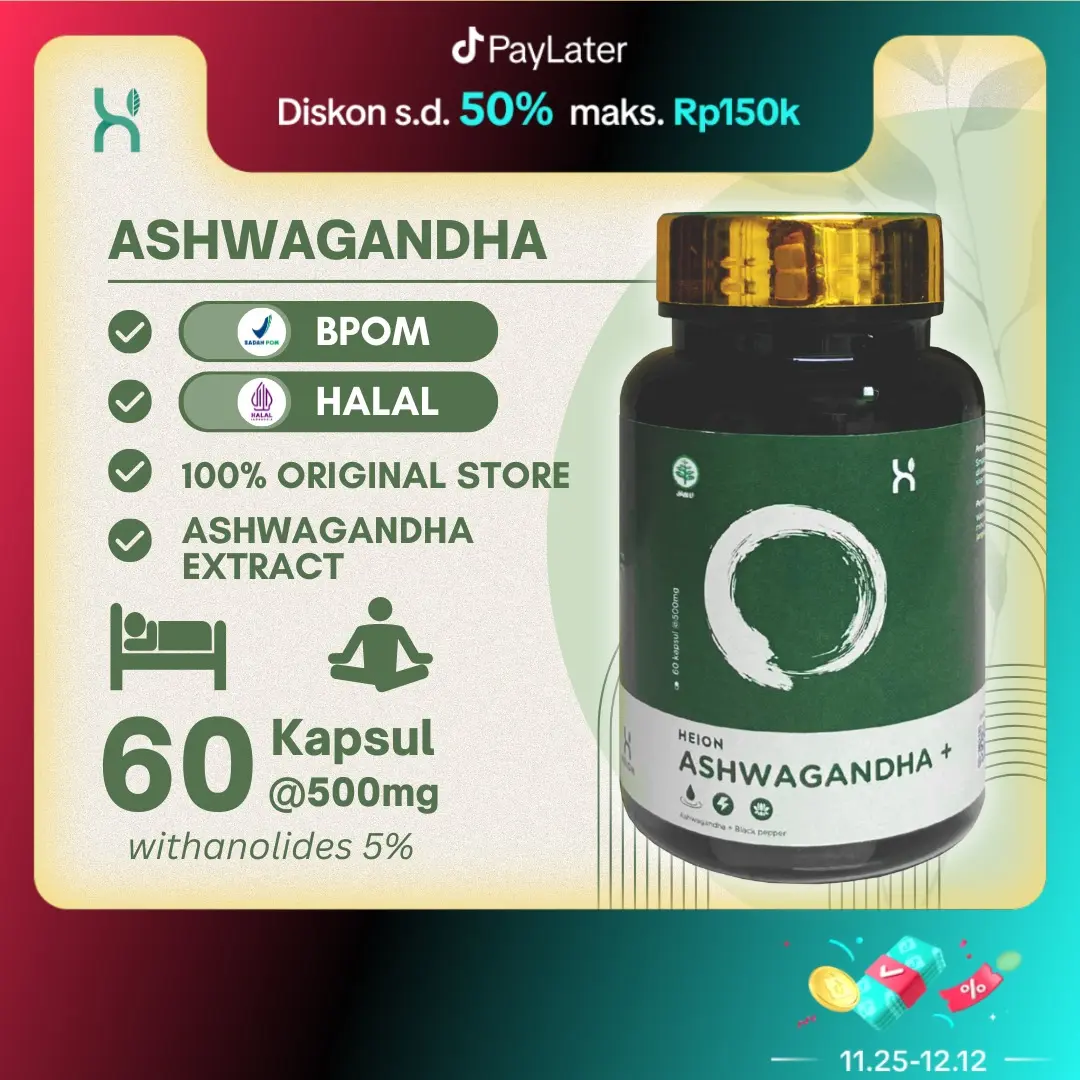 Heion Ashwagandha+ Obat Herbal Ekstrak Ashwagandha + Black Pepper @500mg BPOM Halal