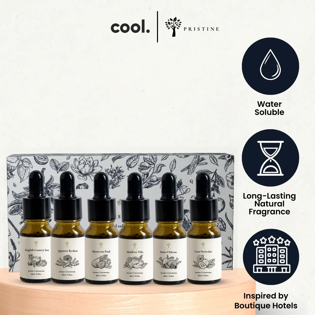 Pristine Hotel Aroma Concentrate 6-Pack Set | Water Soluble Essential Oil Blends For Mist Diffusers, Humidifiers, Crystals, Clay