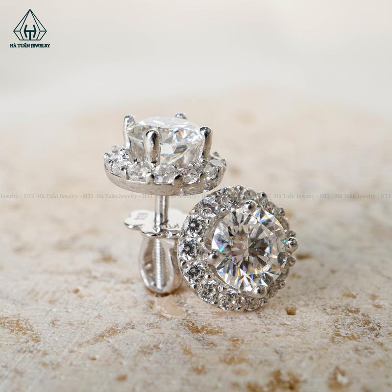 Bông Tai Bạc 925 Xi Kim Viên Chủ Moissanite 7mm Chuôi Vặn EX048 Hà Tuấn Jewelry 0