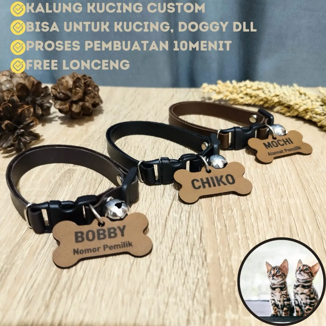 Kalung kucing kulit free ukir nama dan no pemilik