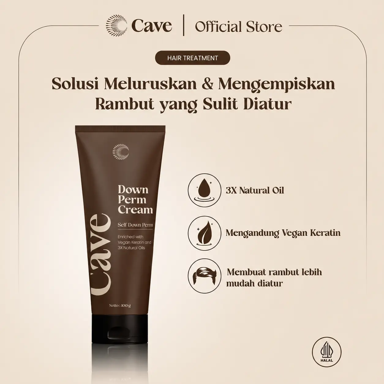 BPOM CERTIFIED Cave Down Perm Cream 100gr Pelurus Rambut Keriting & Mengembang dengan Vegan Keratin