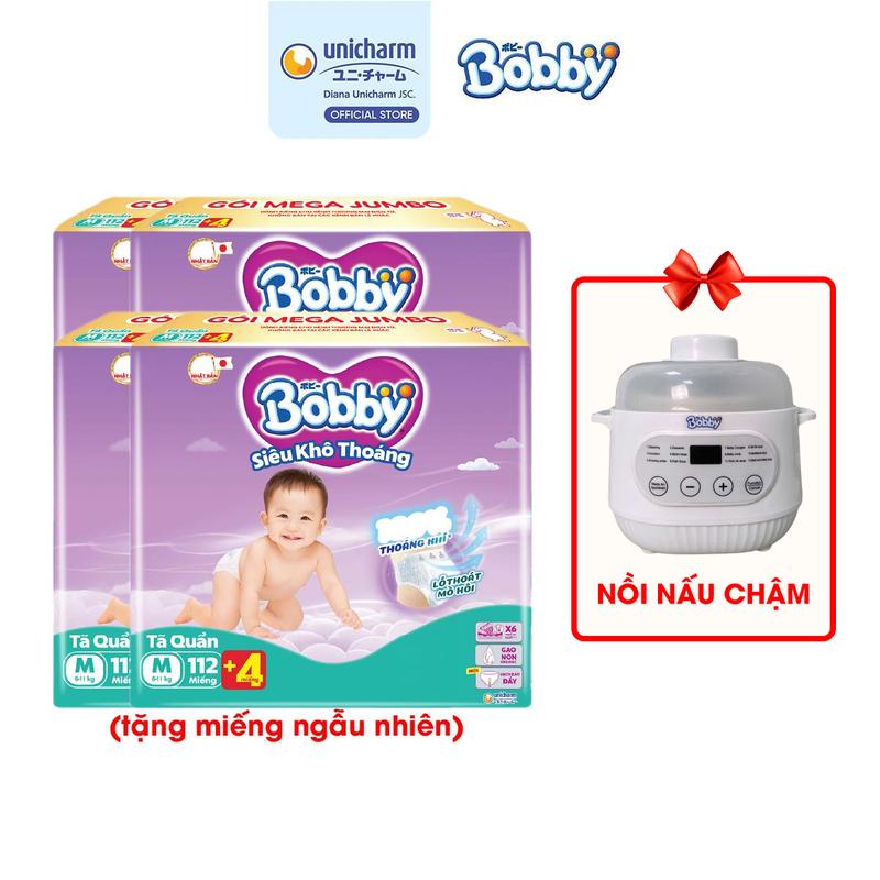 [COMBO 4-TẶNG NỒI NẤU CHẬM] Bobby Tã/bỉm quần siêu khô thoáng M112/L96/XL84/XXL76 (tặng miếng ngẫu nhiên)