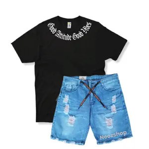 Setelan Kaos Good Attitude Dan Celana Jeans Pendek Sobek Premium Distro Pria