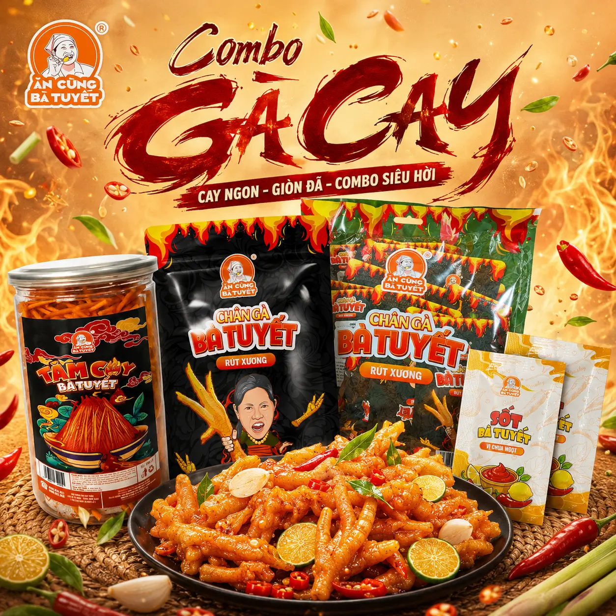(Tặng 2 gói bim bim)(Tặng 1 hũ đùi gà) Combo GÀ CAY - gồm 1 hũ tăm cay + 20 chân gà tê cay +2 gói sốt chấm - ĂN CÙNG BÀ TUYẾT M7