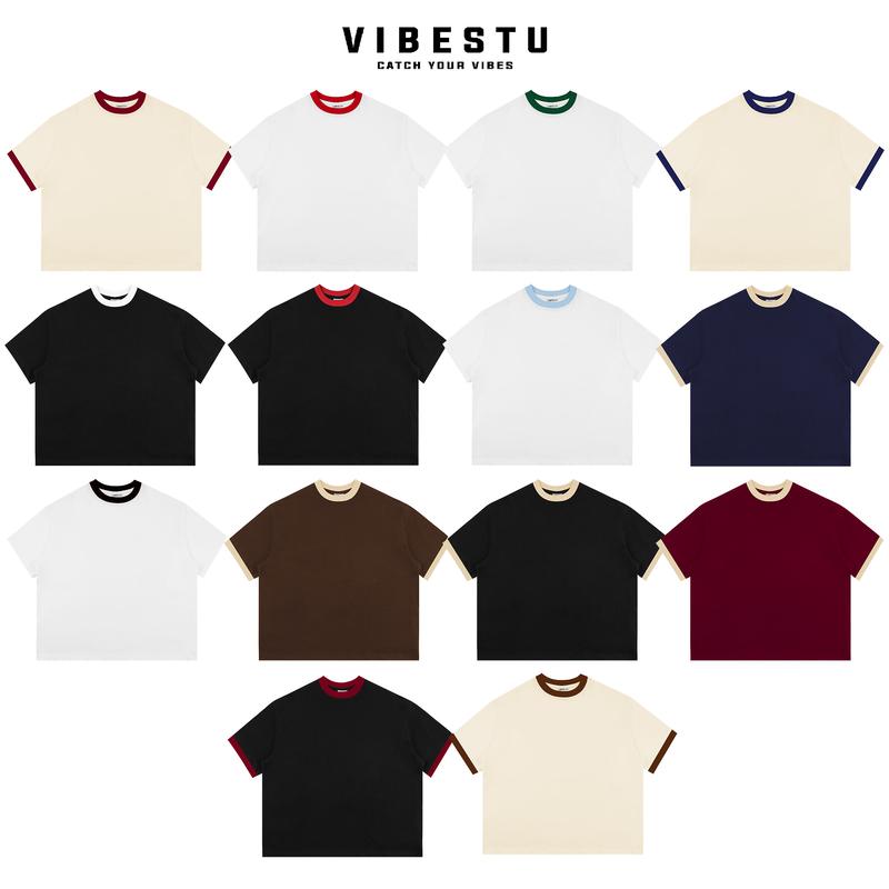  Áo Thun Trơn Phối Cổ Local Brand VIBESTU Form Big Boxy  Unisex 250Gsm  Cotton Nam Cổ Tròn basic 