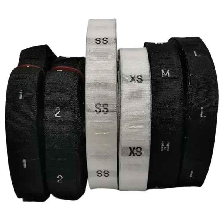 Label Size Bordir / Label Baju Woven  Huruf / Angka / Ukuran Baju Roll Putih / Hitam