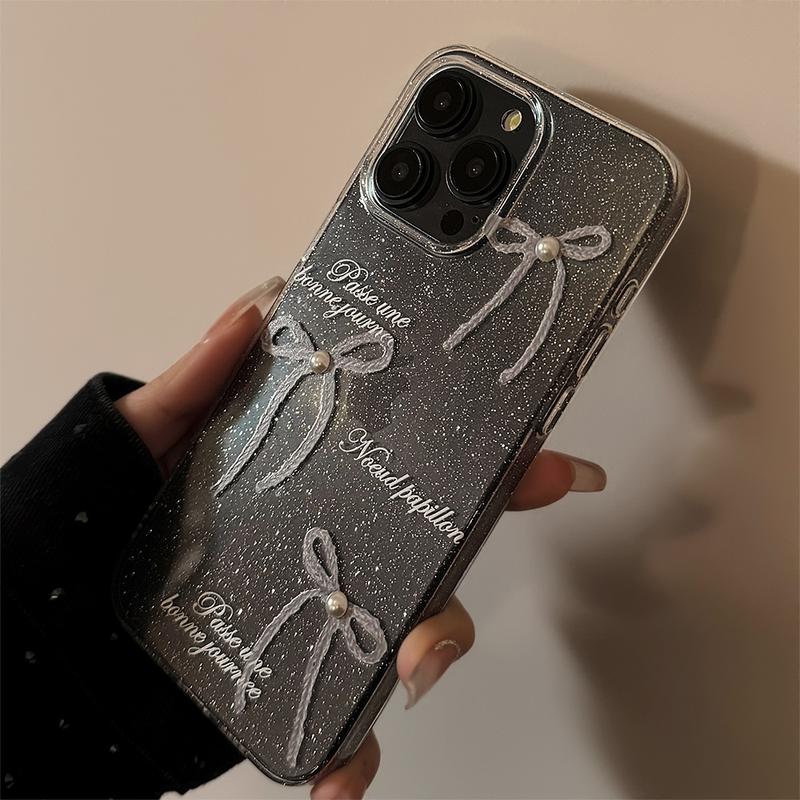 Product Introduction of Sparkly Pearl Bow Glitter Clear Full-Edge Protective Anti-Scratch Phone Case for iPhone 11/12/13/14/15/16 Pro/15 Pro Max Shockproof Anti-Drop Smartphone Case for Women 14
