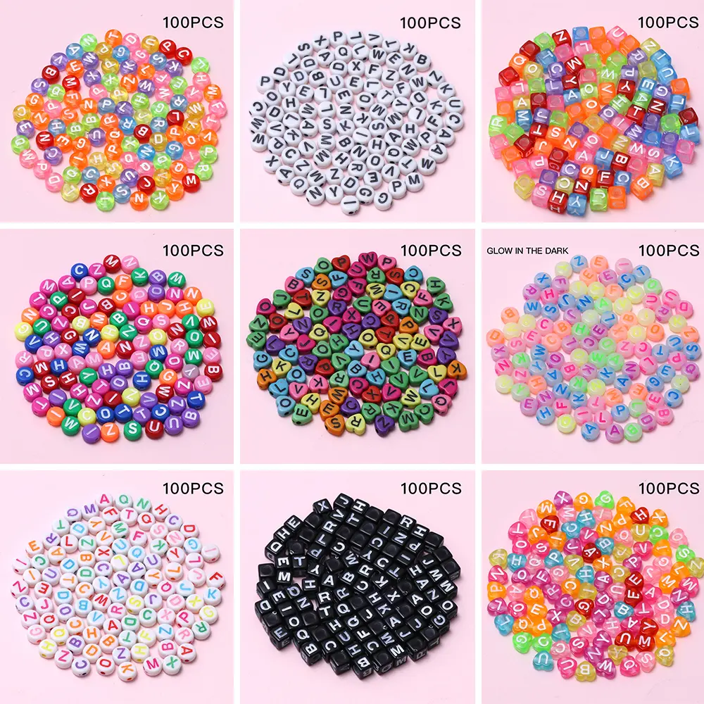 Manik Abjad, Saiz 6mm, 100pcs, Bulat, Segi Empat dan Berbentuk Hati, Diperbuat daripada Akrilik, Sesuai untuk Kanak-kanak dan Pelajar, Sesuai untuk Membuat Gelang dan Hadiah