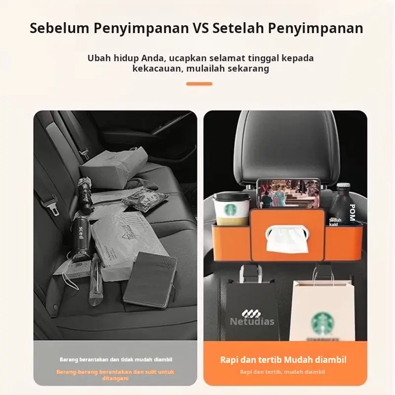 organizer Mewah Multifungsi untuk Sandaran Jok Mobil, Rak HP & Gelas di Belakang Jok, Kotak Penyimpanan Anti Air Tanpa Pemasangan dan Bisa Dilepas, Tas Penyimpanan Klasifikasi & Tempat Tisu Mobil, 4
