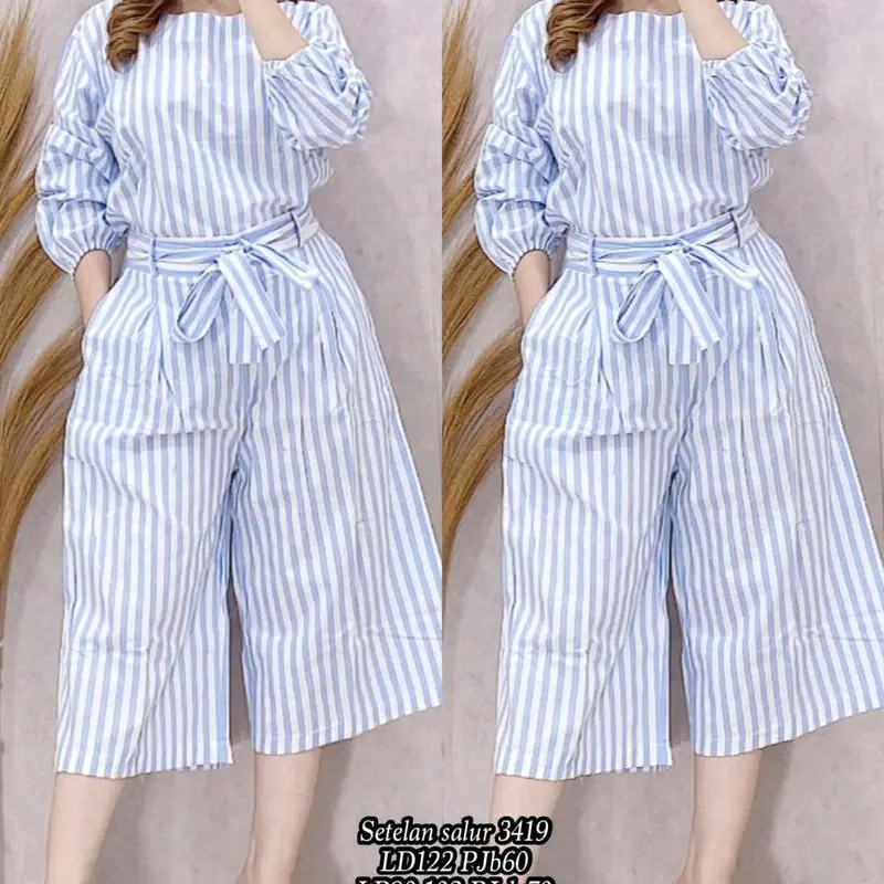 setelan kulot Wanita Celana Baju Panjang Dewasa  Motif Salur  Pendek Garis Katunj jumbo ld 122cm 1
