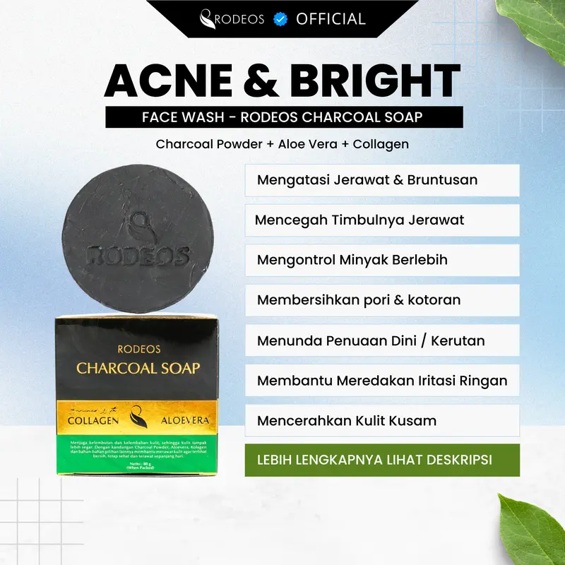 Rodeos Charcoal Soap 80g - Pencuci wajah, Facial Wash, sabun Jerawat, membersihkan kotoran, mencerahkan, Berminyak, Kering, Flek Hitam, Kusam, Bopeng, Komedo, Berjerawat, Pencerah Muka, Perawatan wajah Cleanser, Pria & Wanita, BPOM Halal 5