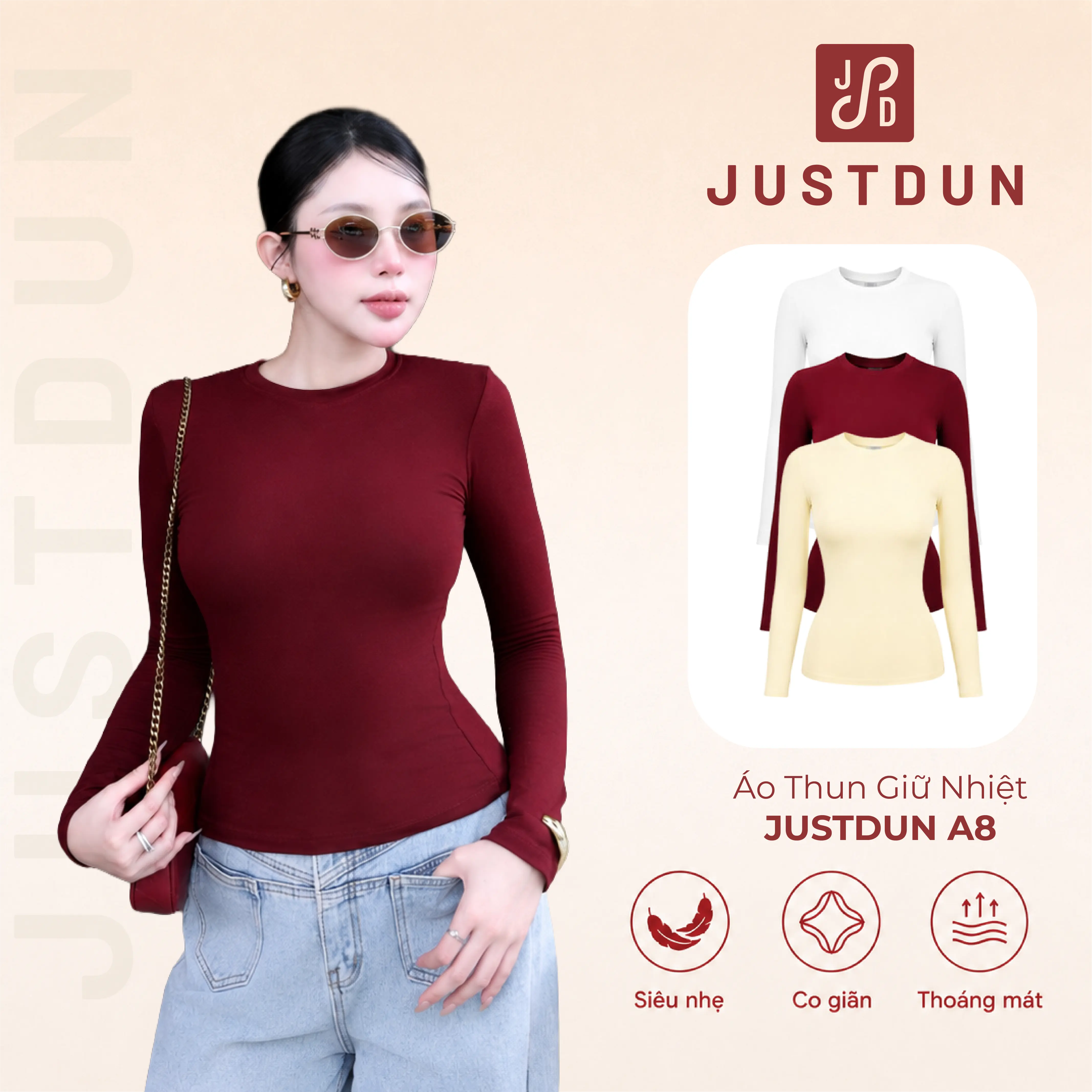[ XẢ KHO - Độc Quyền Live] Áo Thun Giữ Nhiệt Nữ Dài Tay JUSTDUN A8 Cổ Tròn, Cotton Mịn Dày Dặn, Siêu Co Giãn Mềm Mại, Tôn Dáng Giữ Nhiệt
