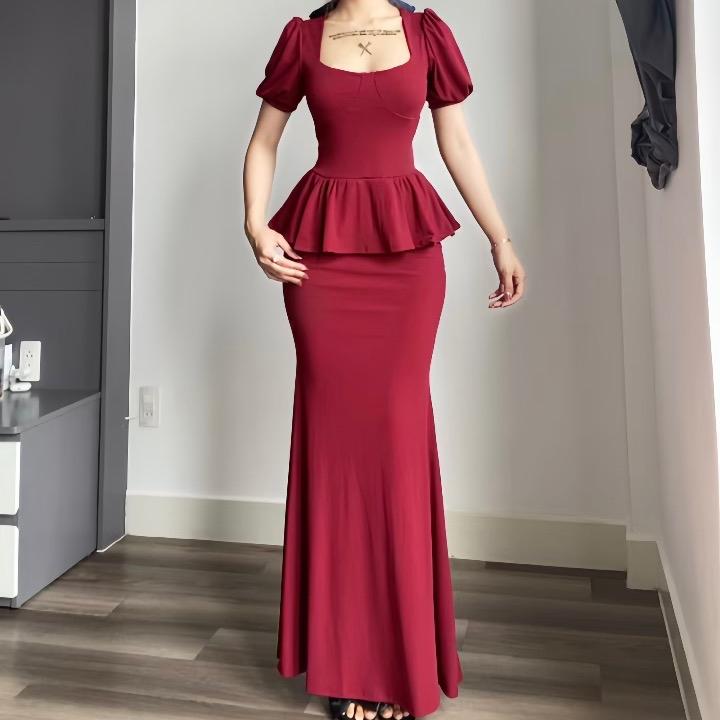  Set đầm body cổ vuông tay phồng phần thân nhún xoè + chân váy form dáng dài đuôi cá thanh lịch sang trọng Lolystore dress women VA518 