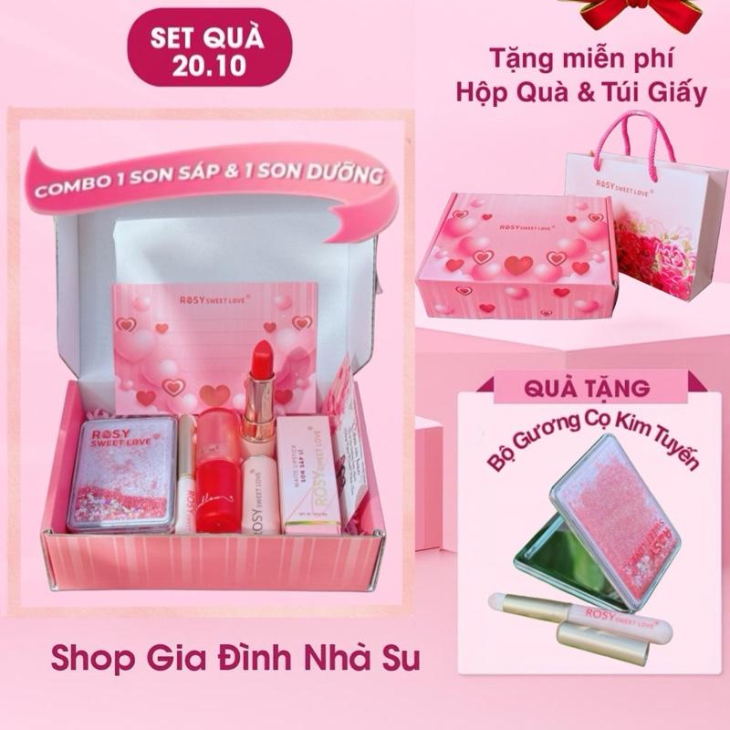 [SET QUÀ 20/10 TẶNG BỘ GƯƠNG CỌ + HỘP QUÀ + THIỆP + TÚI GIẤY]  COMBO 1 SON DƯỠNG + 1 SON SÁP Rosy Siêu Lì giữ màu 2-4h, Mềm mịn môi bền màu chính hãng