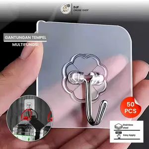 (1set isi 50pcs ) Gantungan Hanger Besi Cantelan Dinding Gantungan Hook Tempel Tembok Transparant Serbaguna