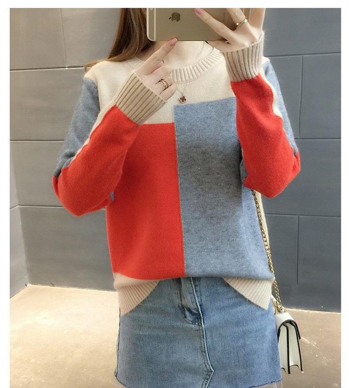 Product Introduction of ZANA Autumn and Winter Women's New Pullover Sweater Loose Korean Color Block Long Sleeve Knitted Bottom Top 17
