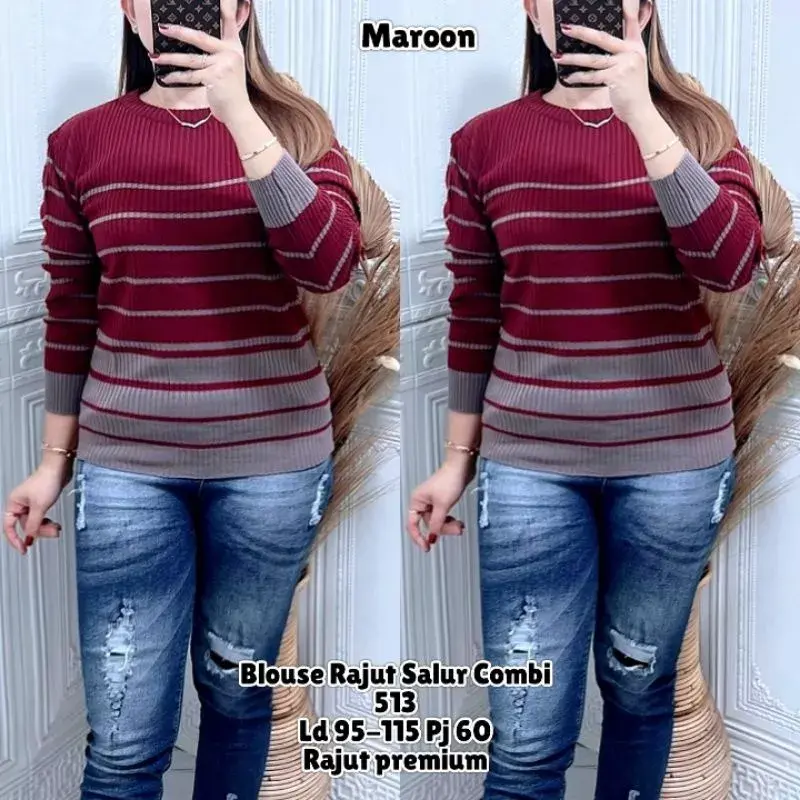 BLOUSE rajut SALUR COMBI / sweater polet Kecil bawah Badan baju rajut tangan panjang Garis haru polet Bica Atasan Wanita 4