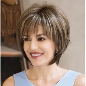 Rambut Pendek Wanita Eropa dan Amerika  Rambut Langsung Pendek Coklat  Bangs Rusak dan Realistis Patah  Set Peruk Curled Pendek  Penjualan Besar di Stok