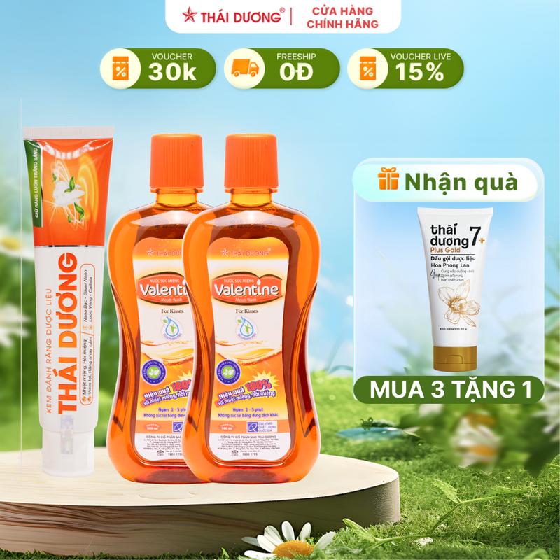 COMBO 01 Kem đánh răng dược liệu thái dương Hộp 01 tube x 150g và 02 Nước súc miệng Valentine NGƯỜI LỚN 500ML - Sao Thái Dương