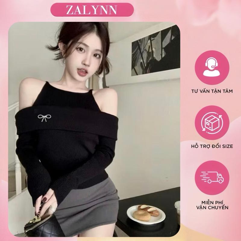   Tặng nơ đá  Áo thun nữ cổ yếm hở vai dài tay thiết kế sang trọng tiểu thư chất liệu mềm mại tặng kèm nơ đá mùa hè mới 2025 SM31 Zalynn.  Women Top 