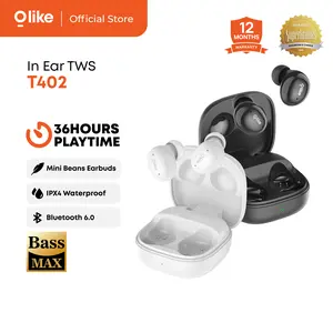 Olike Wireless Earphone TWS T402 Beans | Mini Earphones with Eartips | Bluetooth 6.0 Bass Max | 36 Hours Long Battery | IPX4 Water Resistant | Lightweight Earbuds Wireless | Garansi 1 Tahun