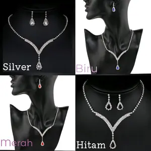 Set Perhiasan Set Batu Permata isi Kalung dan Anting Merah Hitam Putih Biru Blue Saphire Pesta Kilau Berlian Mewah Wanita
