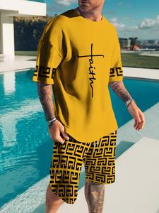 メンズ向けプリント柄のカジュアル夏セット：通気性の半袖Tシャツ＆ショートパンツ、トレンディで快適